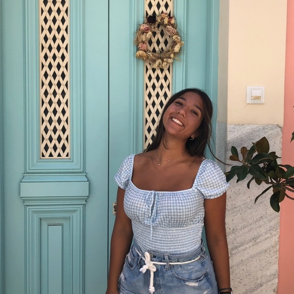 Bershka Blue Puff Sleeve Blue Checkered Top - Picture 2 of 3